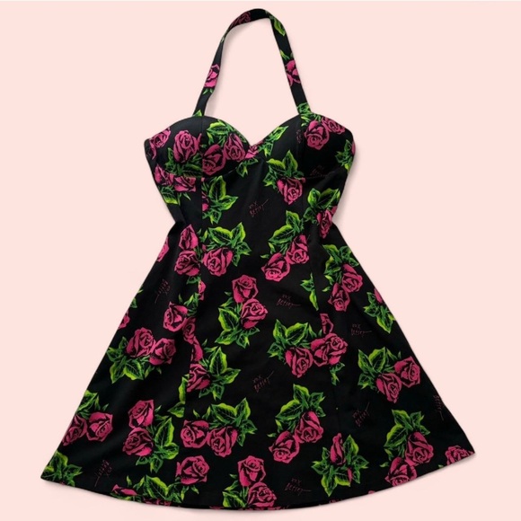 Betsey Johnson Tin Can Rose Pinup Halter Bodycon Dress NWT - Picture 1 of 13